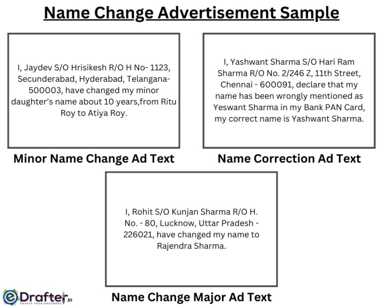 Name change advertisement Ad text sample of Minor, Major and Name Correction
